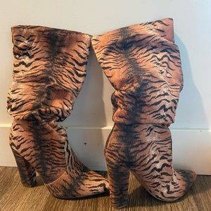 Tiger stripe, chunky heel booties
